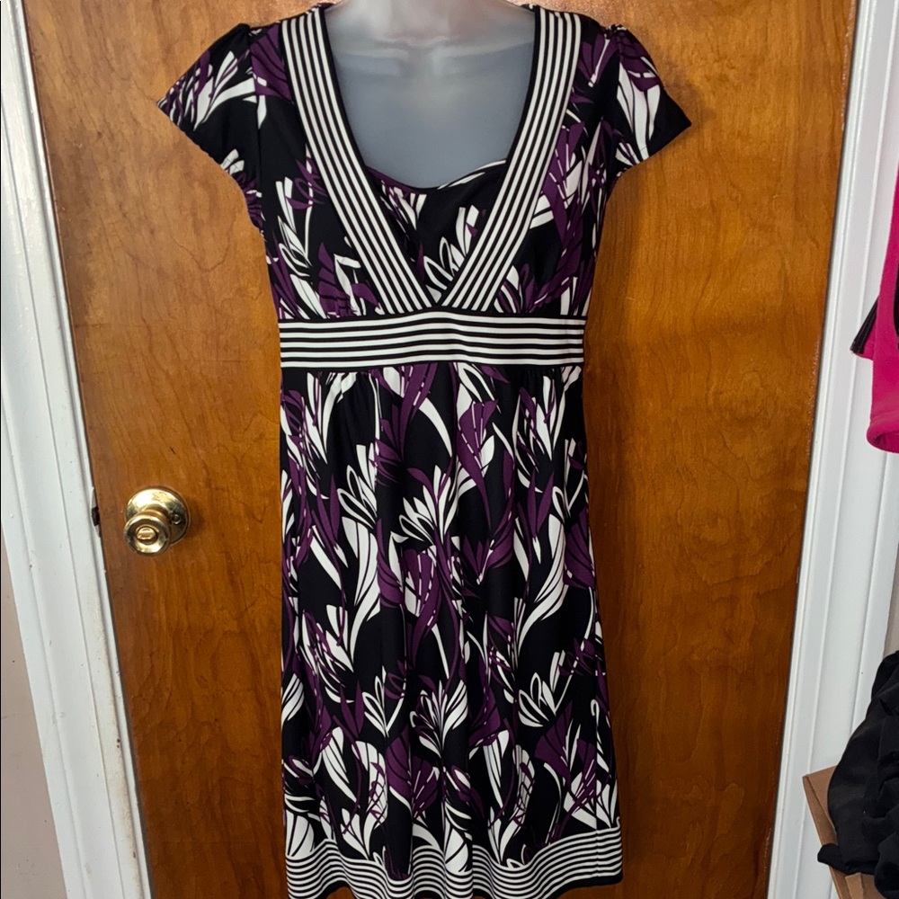 LOFT Black and Purple Floral Midi Dress